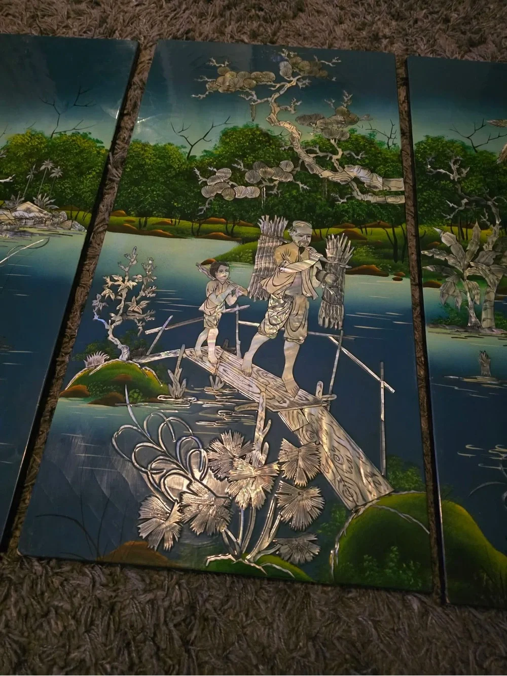 Vintage 4-Panel Vietnamese Laquer & Mother of Pearl Wall Decor 32x64
